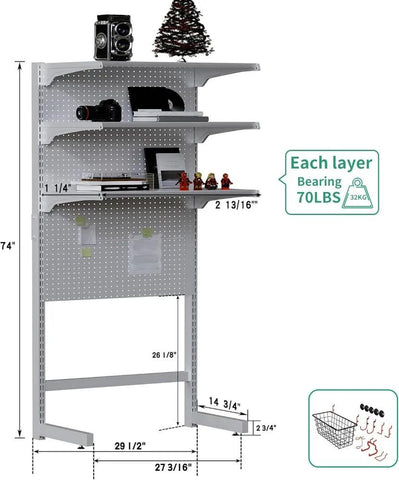 DDB Gaming Standing Shelf Units, 30‘’ Free Standing Gaming Shelf Pegboard Cabinet with Home Office Metal Pegboard and 15 Pieces