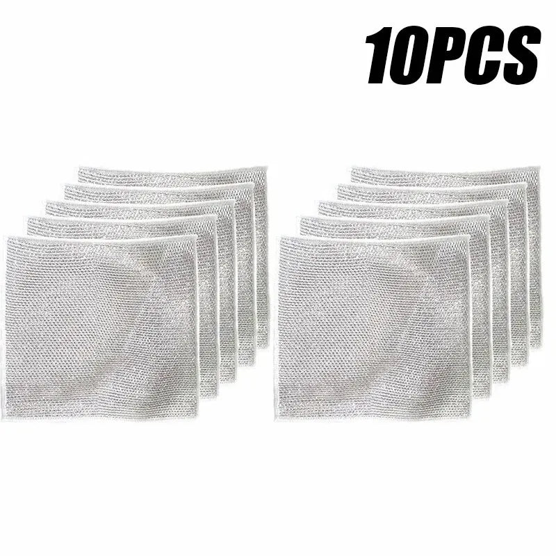 10pcs Magic Dishcloth Silver Wire Cleaning Kitchen Cloth Thickened Microfiber Wash Towel Built-in Sponge Steel Wire Ball Rag