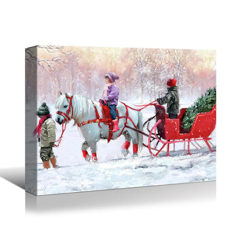 Framed Canvas Wall Art Decor Painting for Christmas: White Horse with Sledge. Christmas Gift & Decor for Eve, Living Room.