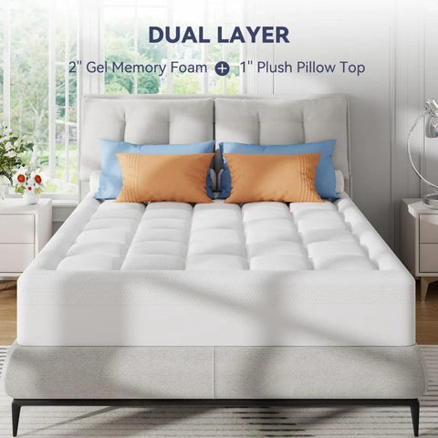 Dual Layer 3 Inch Memory Foam Mattress Topper,2 Inch Cooling Gel Memory Foam Plus 1 Inch Down Alternative Pillowtop Mattress Pad