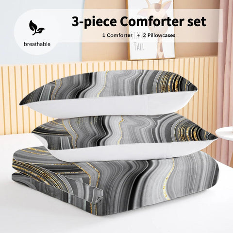 3 Piece Black and Gray Marble with Golden Lines Printed Comforter Set Comfortable Quilt Set Suitable for All Seasons Home Decor