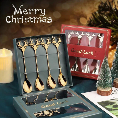 4pcs Christmas Elk Head Shape Stainless Coffee Spoon New Year 2024 Christmas Decoration Table Decor for Home Navidad 2023 Gifts