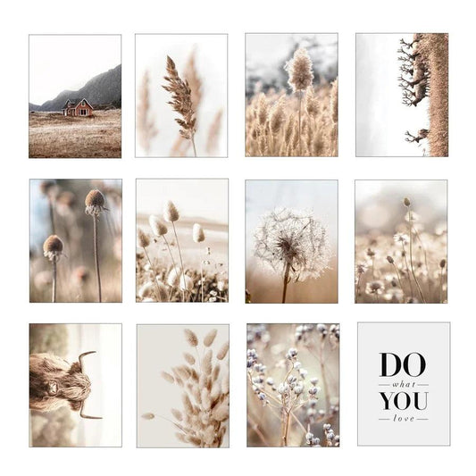 Natural Beige Reed Dandelion Grass Cow Canvas Art Nordic Wall Decor for Living Room