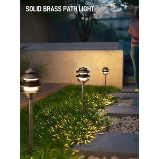 12V 3-Tier Cast Brass Pagoda Path Light Low Voltage Landscape Lights with Replaceable G4 Bulb Waterproof Outdoor Garden Solid