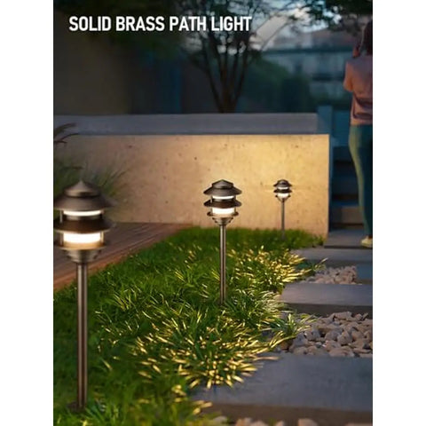 12V 3-Tier Cast Brass Pagoda Path Light Low Voltage Landscape Lights with Replaceable G4 Bulb Waterproof Outdoor Garden Solid