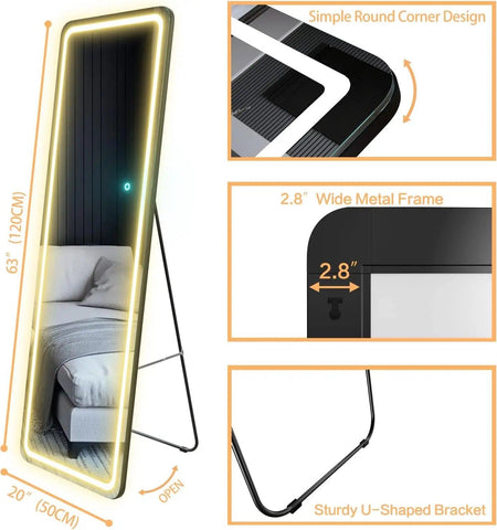 63"x20" Full Length Floor Mirror Dimming Lights Full-Size Body Mirror Lighted Mirror, Free Standing Mirror Wall Mounted Hanging