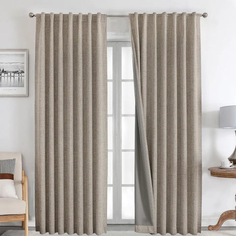 Blackout Linen Curtains Long 100% Blackout Drapes 95 inch Length 2 Panels Set