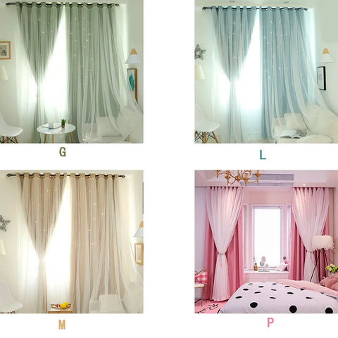 Bright Double Layer Blackout Star Hollow Curtains with Lace Tulle Fabric for Home Living Room Bedroom Window Decor