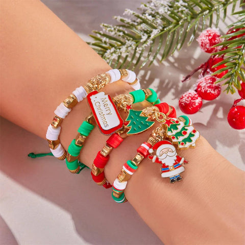 4Pc/Set Merry Christmas Tree Santa Claus Bracelet For Women Xmas Deer Crystal Polymer Clay Beads Woven Bracelet New Year Jewelry