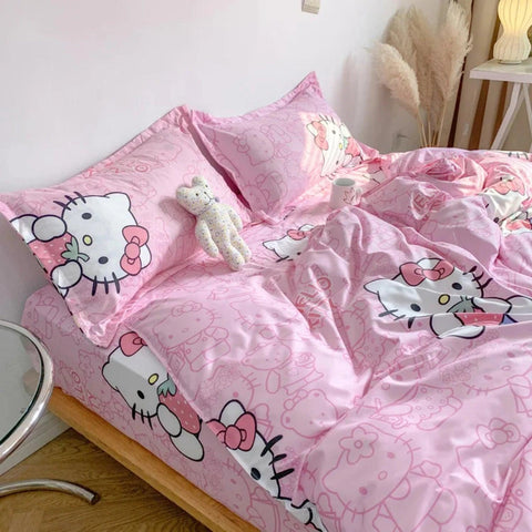 Cute Double Cotton Bedding Set with Four-Piece Linens, Pillowcase, Textile for Girl's Dormitory Bedclothes