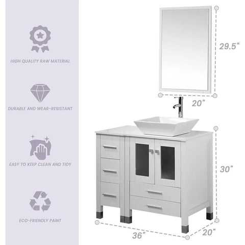 36” Bathroom Vanity Sink Combo with Free Standing Small Side Cabinet, Ceramic Vessel Sink&Water Save Faucet & Pop Up Drain&Mirro