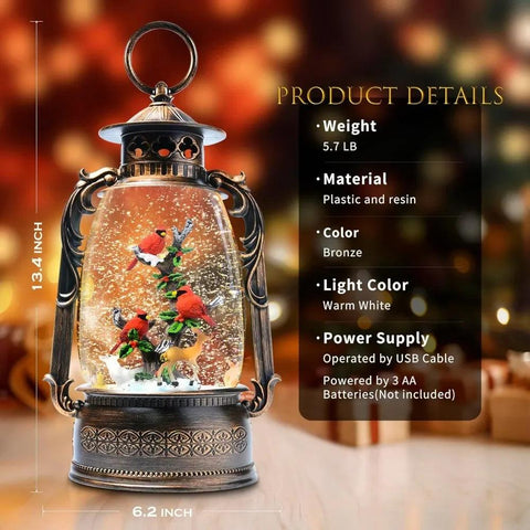 13.4" Christmas Snow Globe Lantern with Swirling Glitter Christmas Decorations Indoor, Cardinals & Rotating Tiny Animal Lighted