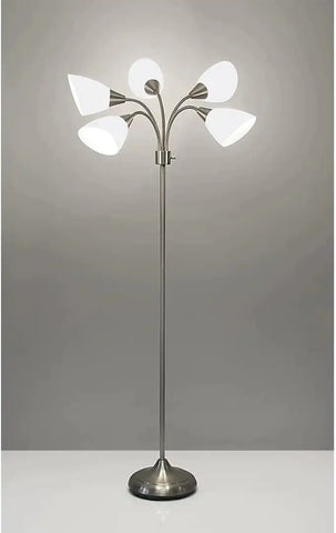 Five Light Floor Lamp, Brushed Steel, White Frosted Plastic Shade Room Decor