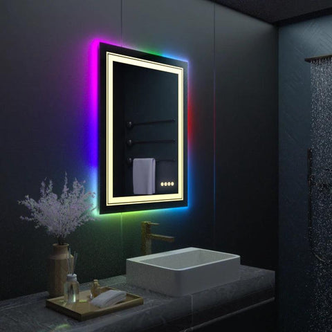 LUVODI Rectangle RGB LED Bath Mirror Wall Mounted Waterproof Demist Vanity Makeup Mirror with Multicolor Lights