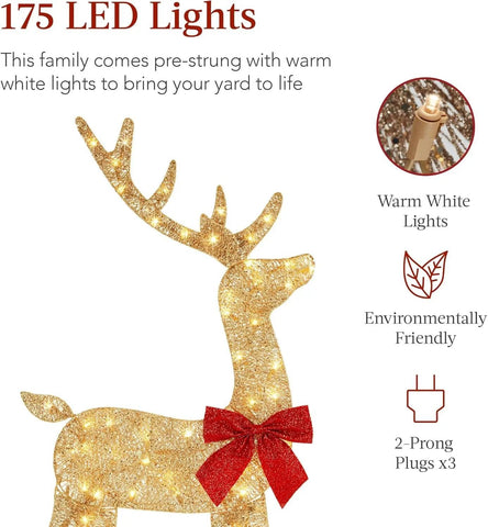 4ft 3-Piece 2D Lighted Christmas Deer Family Set, Large Outdoor Yard Reindeer Holiday Decoration with 175 LED Lights