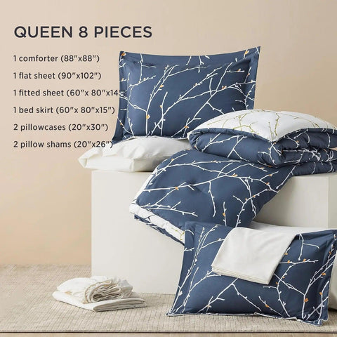 Comforter Sets - Bed in a Bag Queen 7 Pieces Reversible Navy Blue Flroal Bed Set Tree Branch Pattern Printed