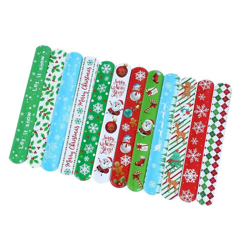 12pcs Christmas Slap Bracelets Santa Claus Snowman Elk Tree Printed Colorful PVC Wristband Child Kids Gifts Xmas Party Supplies