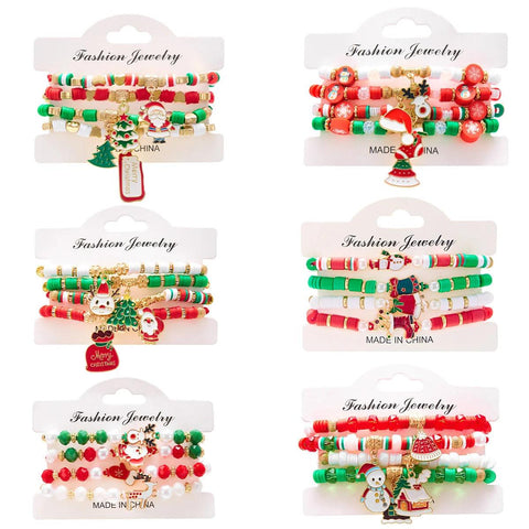 4Pc/Set Merry Christmas Tree Santa Claus Bracelet For Women Xmas Deer Crystal Polymer Clay Beads Woven Bracelet New Year Jewelry