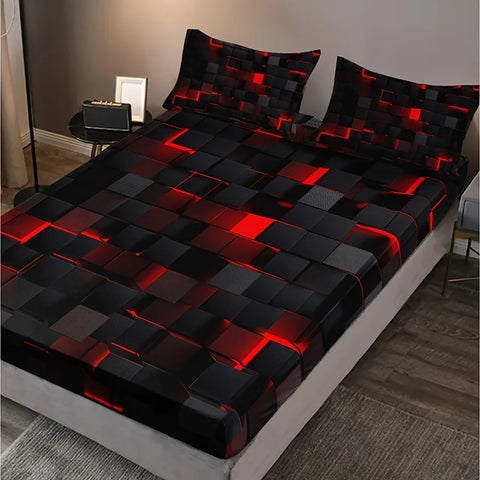 Technology-inspired Red Plaid Fitted Sheet Set (1 Fitted Sheet + 2 Pillowcase) Soft HD Printing Bedding For Home Dormitory