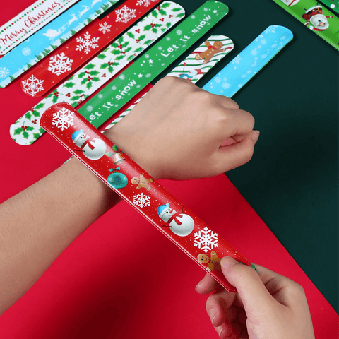 12pcs Christmas Slap Bracelets Santa Claus Snowman Elk Tree Printed Colorful PVC Wristband Child Kids Gifts Xmas Party Supplies