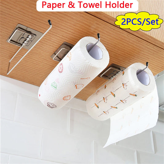 2PCS Kitchen Paper Towel Holder Adhesive Toilet Paper Rack Towel Hanger Tissue Dispenser Roll Napkin Cabinet Storage Accessories