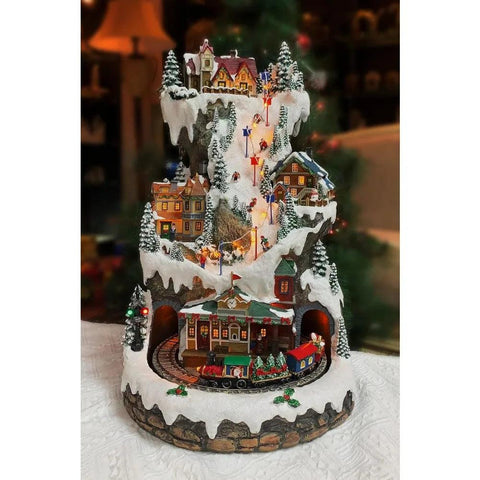 20.5“H Ski Resort Mountain Resin Christmas Village Buildings, Featuring LED Lights, Christmas Music, and Animated Train.