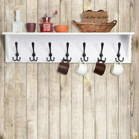 Hat rack wall mounted shelf, with 7 three hook 35 inch heavy-duty wooden entrance shelves, with hooks, white