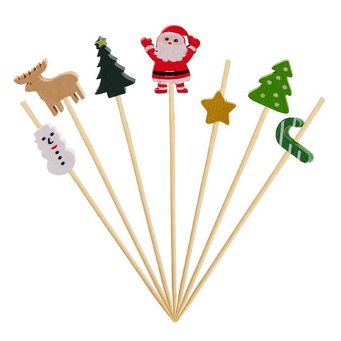 Christmas Disposable Bamboo Stick Cake Salad Fruit Food Toothpicks Christmas New Year Decor Christmas Party Decor 100PCS