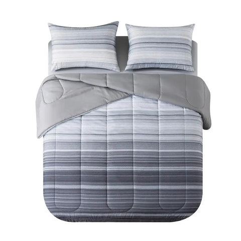 Grey Ombre Stripe Bed-in-a-Bag Set Comforter Shams Sheet Reversible Pattern Soft Polyester Machine Washable Queen Size Adult &