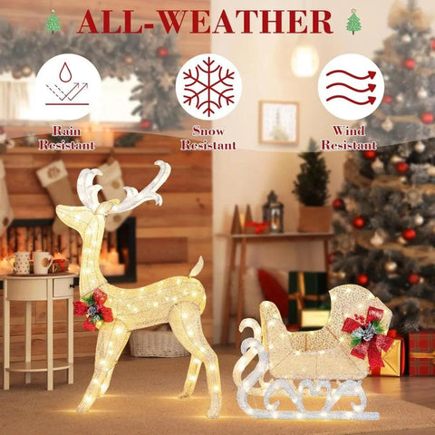 4FT Lighted Christmas Reindeer & Sleigh Outdoor Yard Decoration Set W/ 205 LED Lights & 8 Ground Stakes, Zip Ties, Art