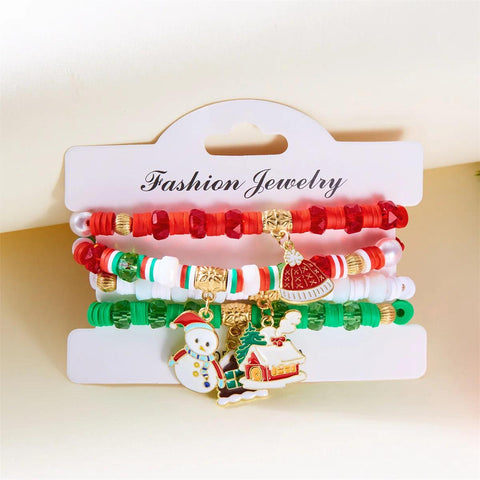 4Pc/Set Merry Christmas Tree Santa Claus Bracelet For Women Xmas Deer Crystal Polymer Clay Beads Woven Bracelet New Year Jewelry