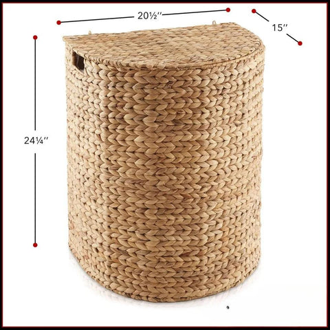 Half Moon Laundry Hamper with Lid and Removable Liner Bag - Natural, Woven Water Hyacinth Laundry Basket for Clothes