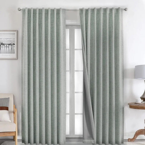 Blackout Linen Curtains Long 100% Blackout Drapes 95 inch Length 2 Panels Set