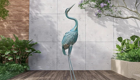 Garden Crane Statue For Outdoor, Metal Bird Yard Art, Standing Sculpture For Backyard Patio Lawn Decoration, Cyan