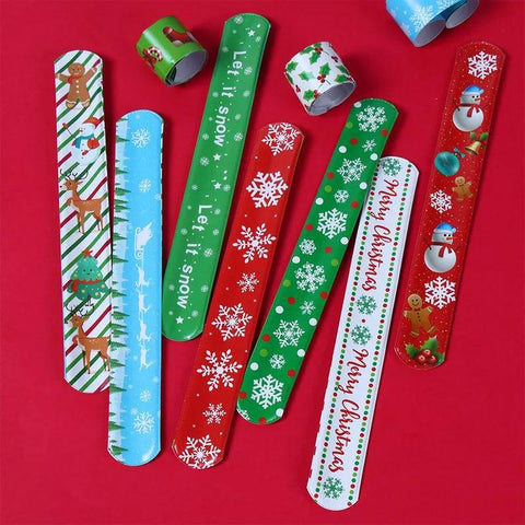 12pcs Christmas Slap Bracelets Santa Claus Snowman Elk Tree Printed Colorful PVC Wristband Child Kids Gifts Xmas Party Supplies