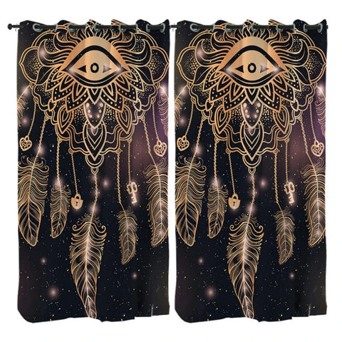 2PCS Dream Catcher Boho Living Room Curtains Feather Pattern Blue Galaxy Drape for Living Room Bedroom Window Treatment Curtain