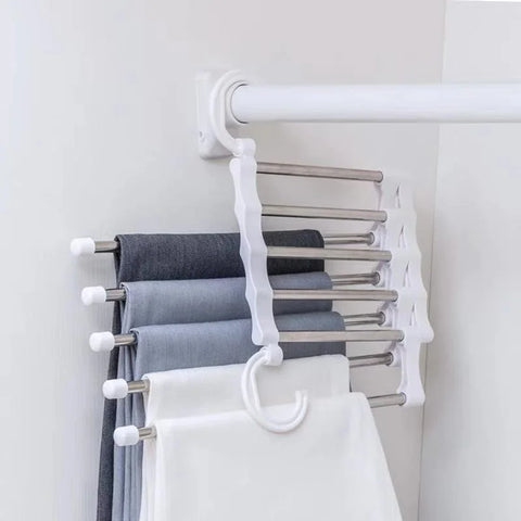 5 In 1 Magic Trouser Rack Hangers Stainless Steel Folding Pant Rack Tie Hanger Shelves Bedroom Closet Organizer Wardrobe Storage