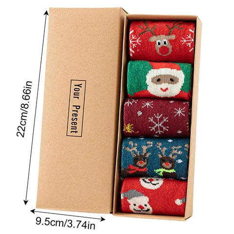 5 pcs Christmas socks Wool socks mid-tube socks Fun cute socks with Santa reindeer pattern women's Christmas theme gift box set