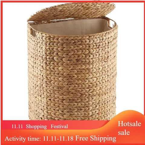 Half Moon Laundry Hamper with Lid and Removable Liner Bag - Natural, Woven Water Hyacinth Laundry Basket for Clothes