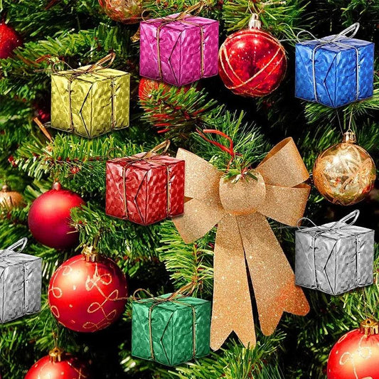 24/12Pcs Laser Mini Gift Boxes Christmas Tree Ornament Assorted Color Foil Candy Box Hanging Pendant Xmas Home Party Decorations