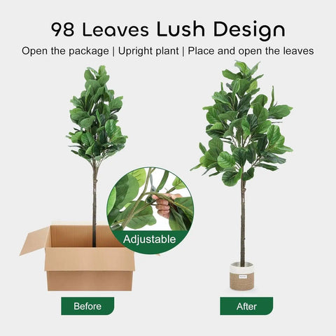 Growneer 6Ft Artificial Fiddle Leaf Fig Tree With 98 Large Faux Fiddle Leaves, Dried Moss And Basket Fig Silk Tree Plants In