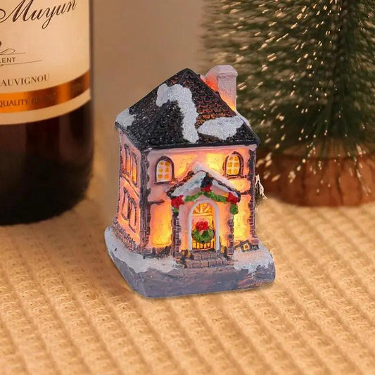 Mini Christmas Village Houses LED Lighted Resin Cottage Figure Christmas Decorations Seasonal Electric Figures For Fireplace