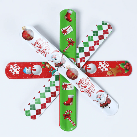 12pcs Christmas Slap Bracelets Santa Claus Snowman Elk Tree Printed Colorful PVC Wristband Child Kids Gifts Xmas Party Supplies