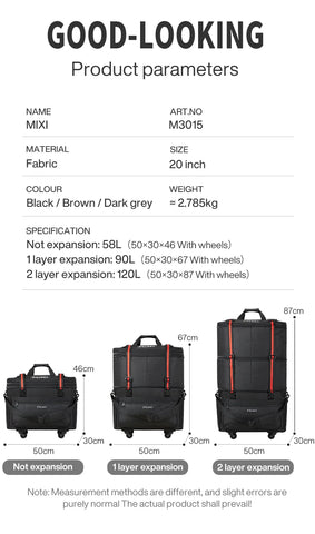 Mixi Foldable Travel Bag Hand Carry Duffel Bag with Wheels Expandable Rolling Travel Bag Large Capacity Waterproof Luggage Bag