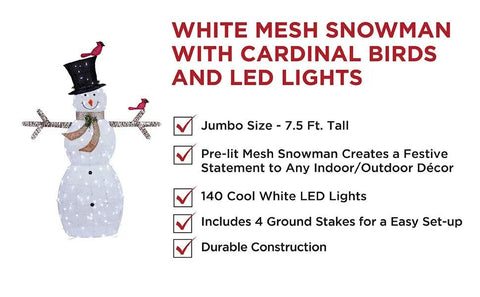 Alpine Corporation Large White Mesh Snowman Decoration with Bird Accents and LED Lights