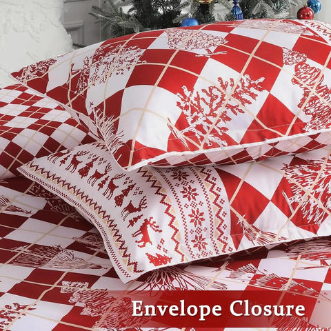 Christmas Duvet Cover Set King Size - Red Checkered Christmas Tree Printed Xmas Decorations Duvet Covers, Soft and Breathable