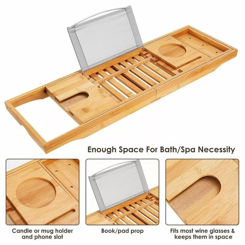 Bamboo Bathtub Caddy Shower Rack Bath Tub Tray Organizer Pad/Phone Cup Holder US