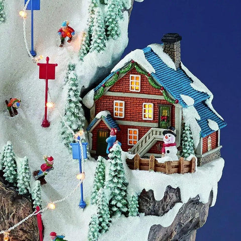 20.5“H Ski Resort Mountain Resin Christmas Village Buildings, Featuring LED Lights, Christmas Music, and Animated Train.