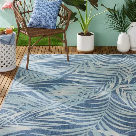 Palm Springs Coastal Indoor/Outdoor Area Rug, Navy Blue/Aqua Blue, 7'10"x10'2", Indoor/Outdoor Carpet