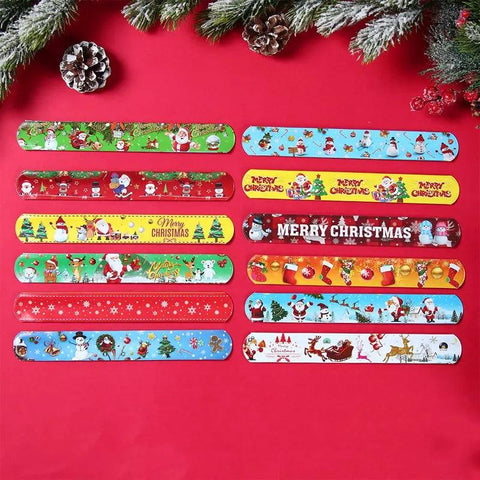 12pcs Christmas Slap Bracelets Santa Claus Snowman Elk Tree Printed Colorful PVC Wristband Child Kids Gifts Xmas Party Supplies